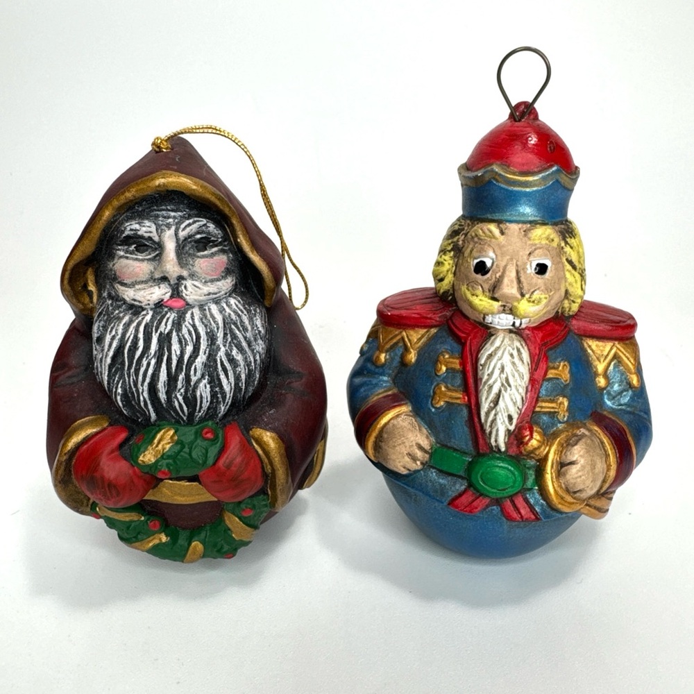 Vintage Scioto Roly Poly Santa & Soldier Ornaments 92/93 Handpainted Ceramic
